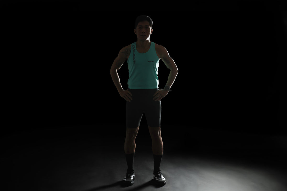 Front view of Harāra Compression Shorts Prototype 004.1